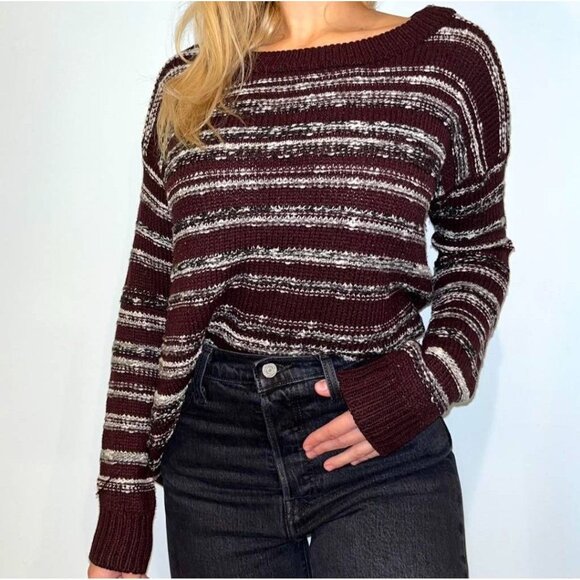 Calvin Klein Knit Pullover Sweater Plum Purple White Striped Long Sleeve S New - Picture 1 of 9